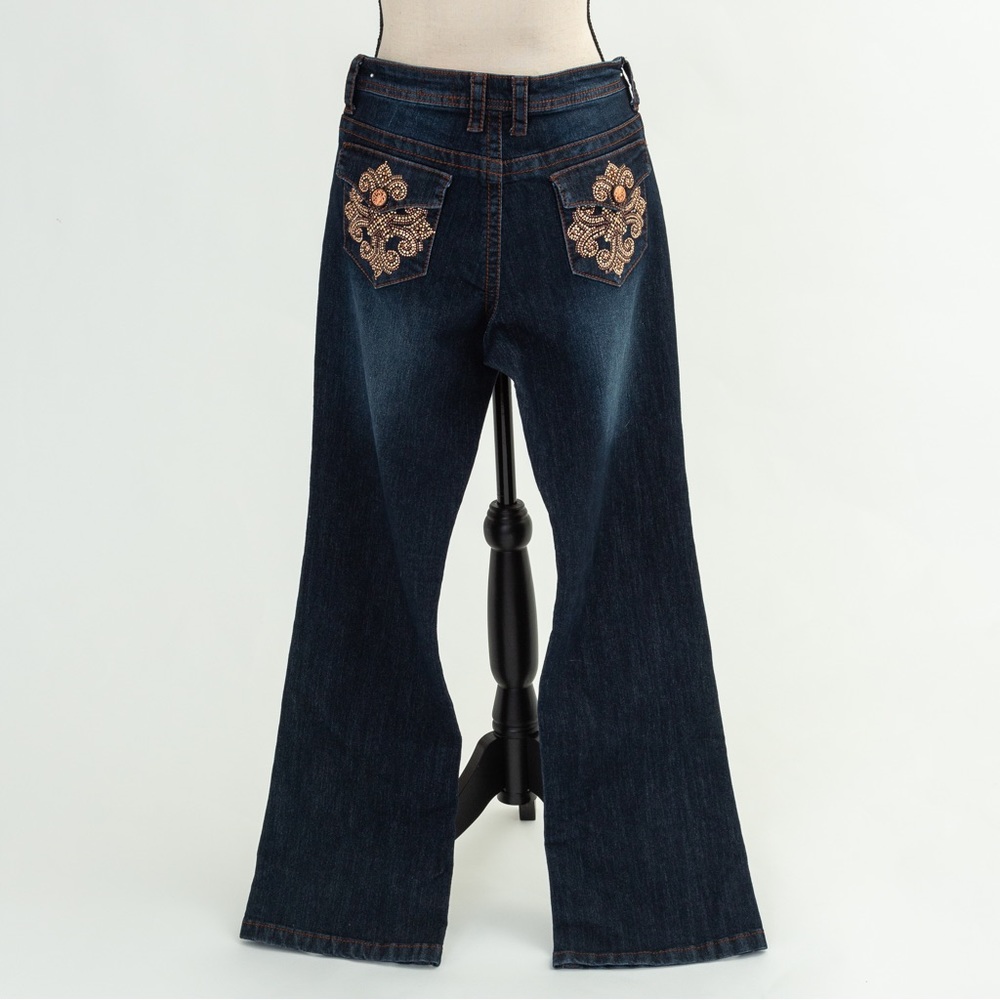 Flare leg dark wash jeans embellished jeans metallic rose gold V Cristina 6